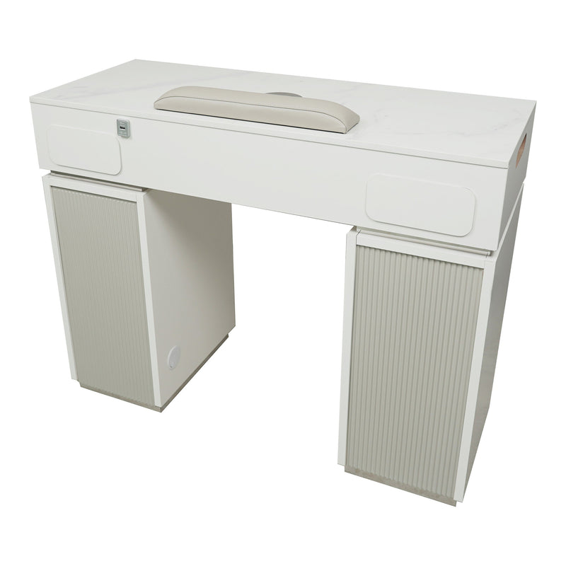 LUX GT45 Single Manicure Nail Table Marble Top with 2 UV Holes, Vent Pipe OR Vacuum Machine, & USB