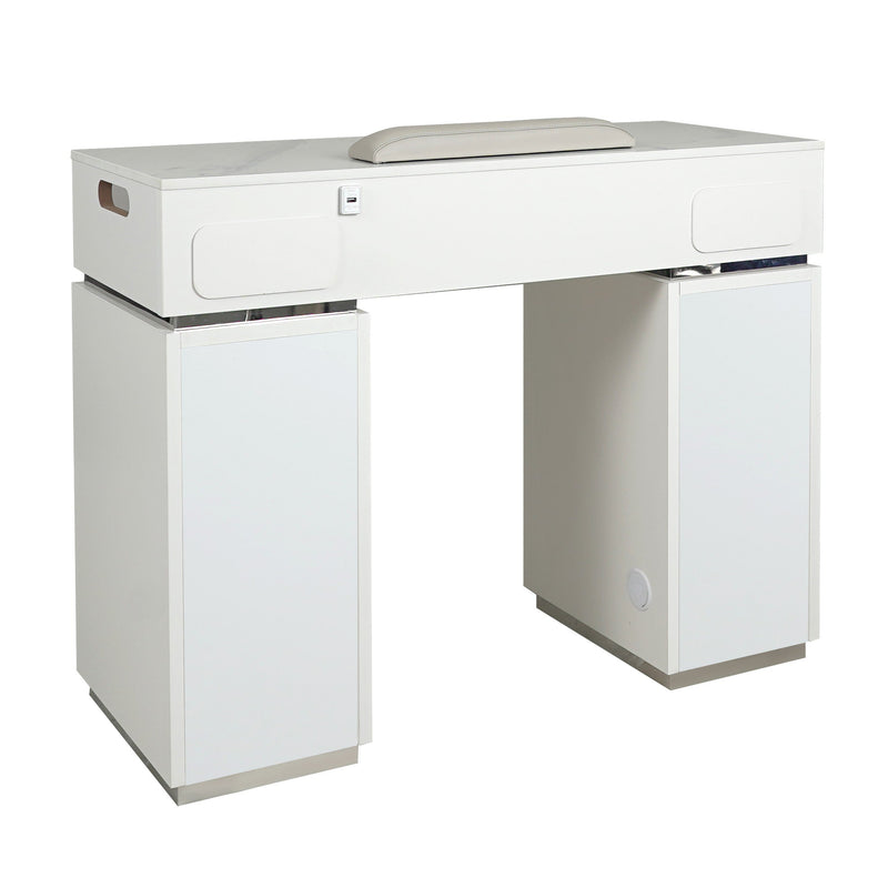 LUX GT45 Single Manicure Nail Table Marble Top with 2 UV Holes, Vent Pipe OR Vacuum Machine, & USB