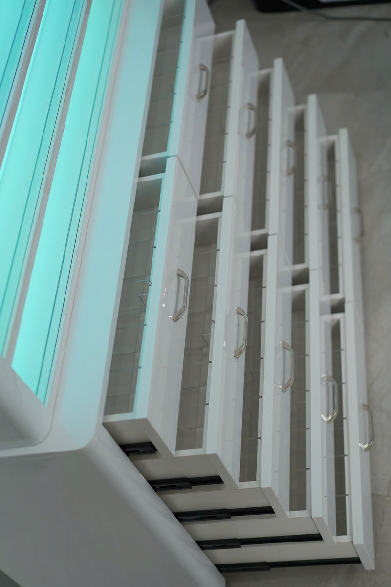 LUX M2 Double Side Access Polish & Powder Rack with Drawers