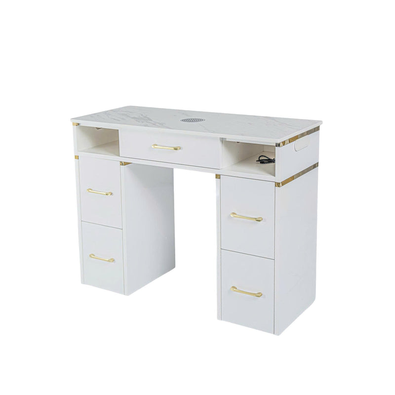 LUX Le Blanc Single Manicure Nail Table Marble Top with UV Hole, Vent & USB