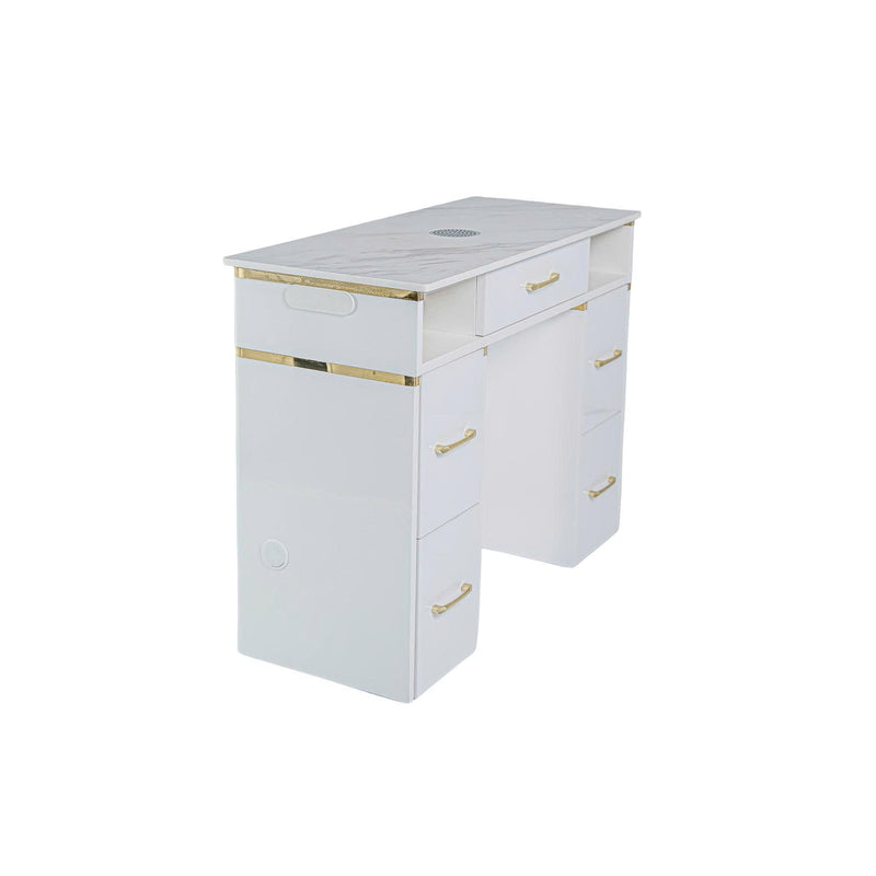 LUX Le Blanc Single Manicure Nail Table Marble Top with UV Hole, Vent & USB