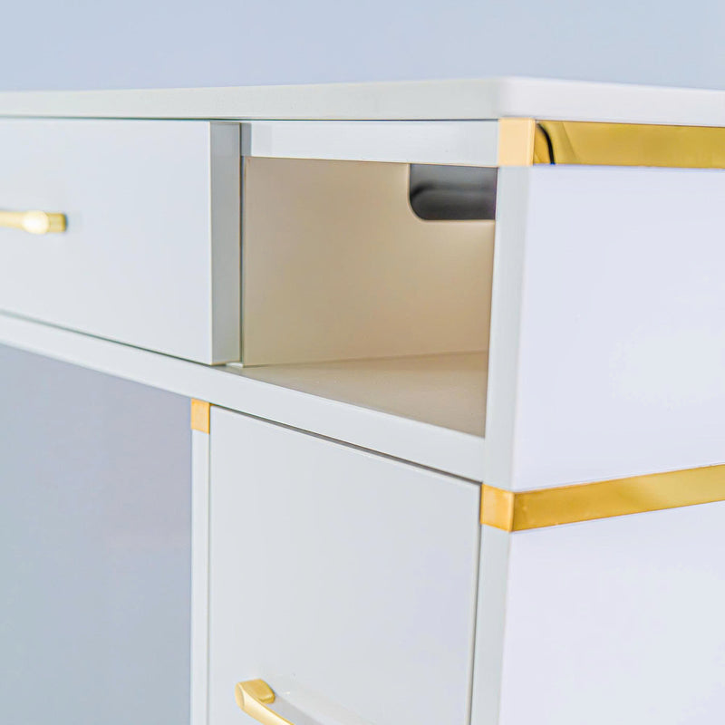 LUX Le Blanc Single Manicure Nail Table Marble Top with UV Hole, Vent & USB