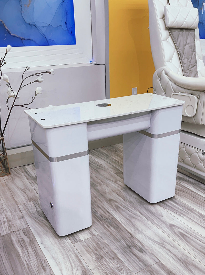 LUX20 Single White Manicure Table with Marble Top and Vacuum Bag