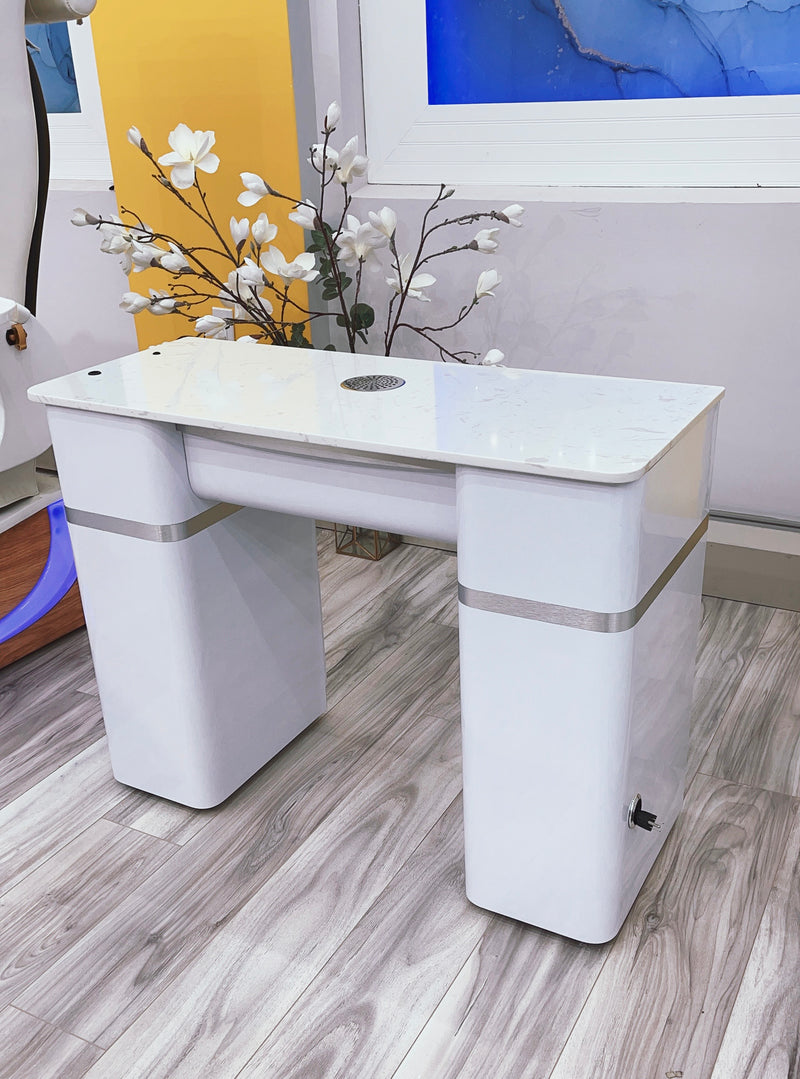 LUX20 Single White Manicure Table with Marble Top and Vacuum Bag