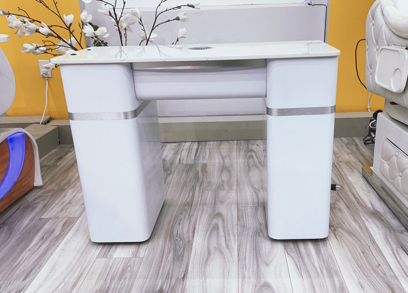 LUX20 Single White Manicure Table with Marble Top and Vacuum Bag