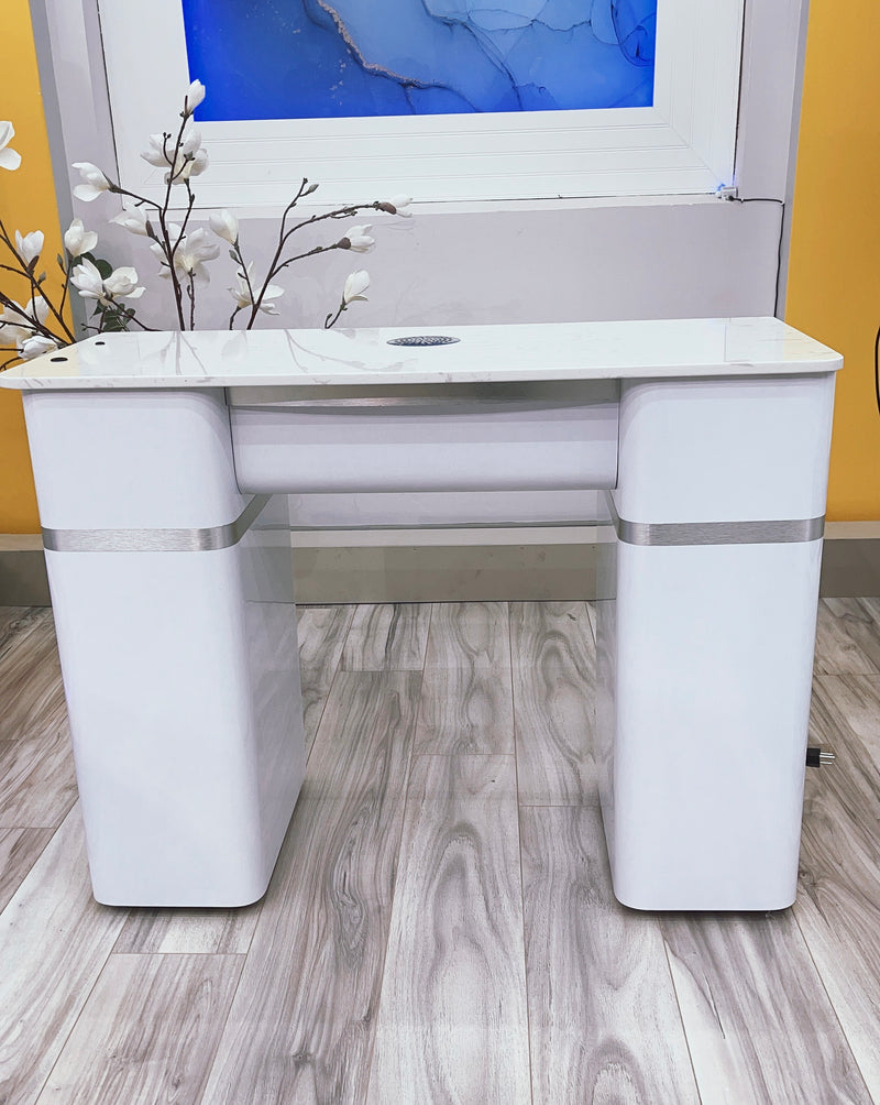 LUX20 Single White Manicure Table with Marble Top and Vacuum Bag