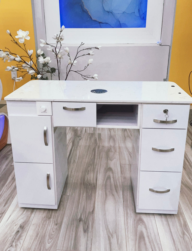 LUX20 Single White Manicure Table with Marble Top and Vacuum Bag