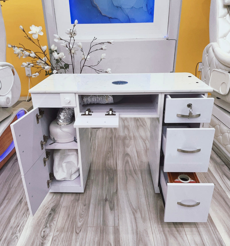 LUX20 Single White Manicure Table with Marble Top and Vacuum Bag