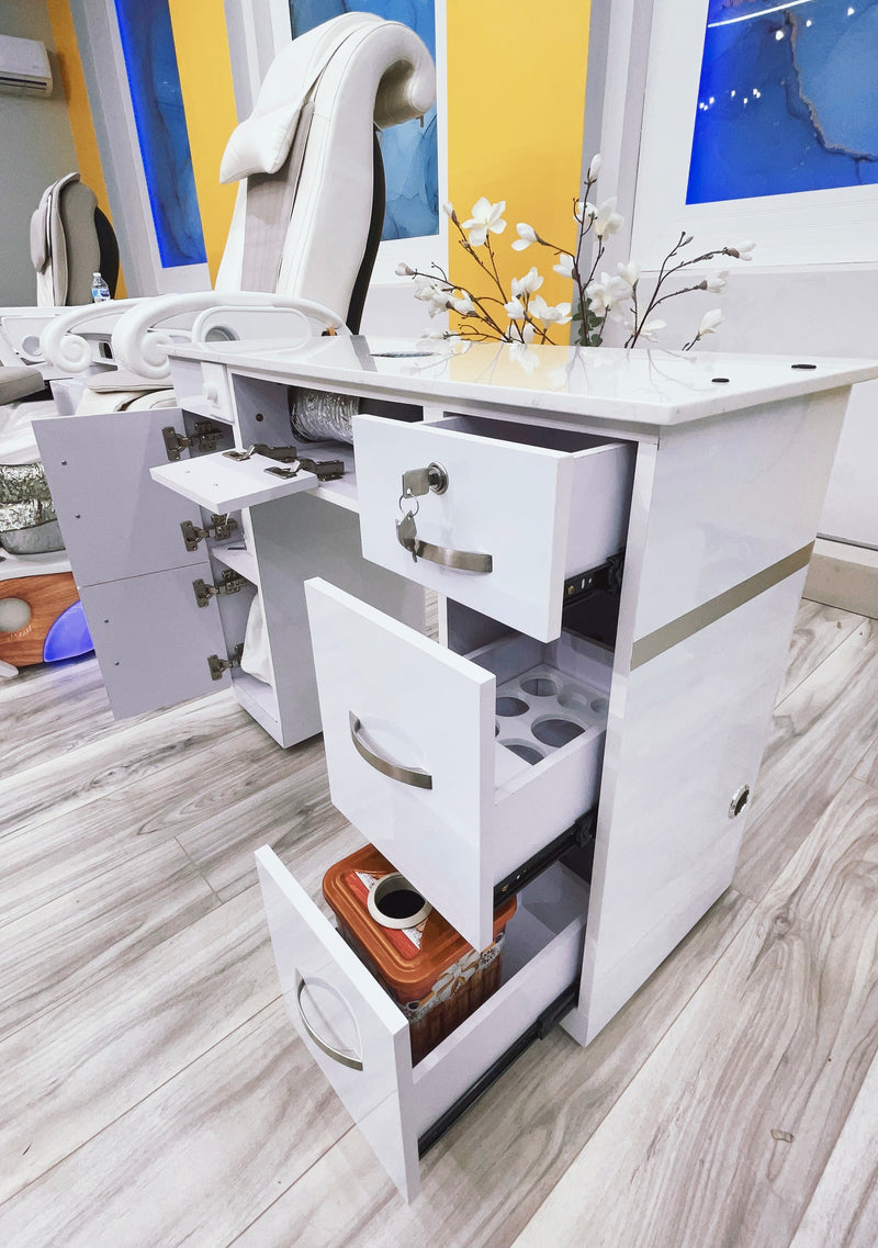 LUX20 Single White Manicure Table with Marble Top and Vacuum Bag