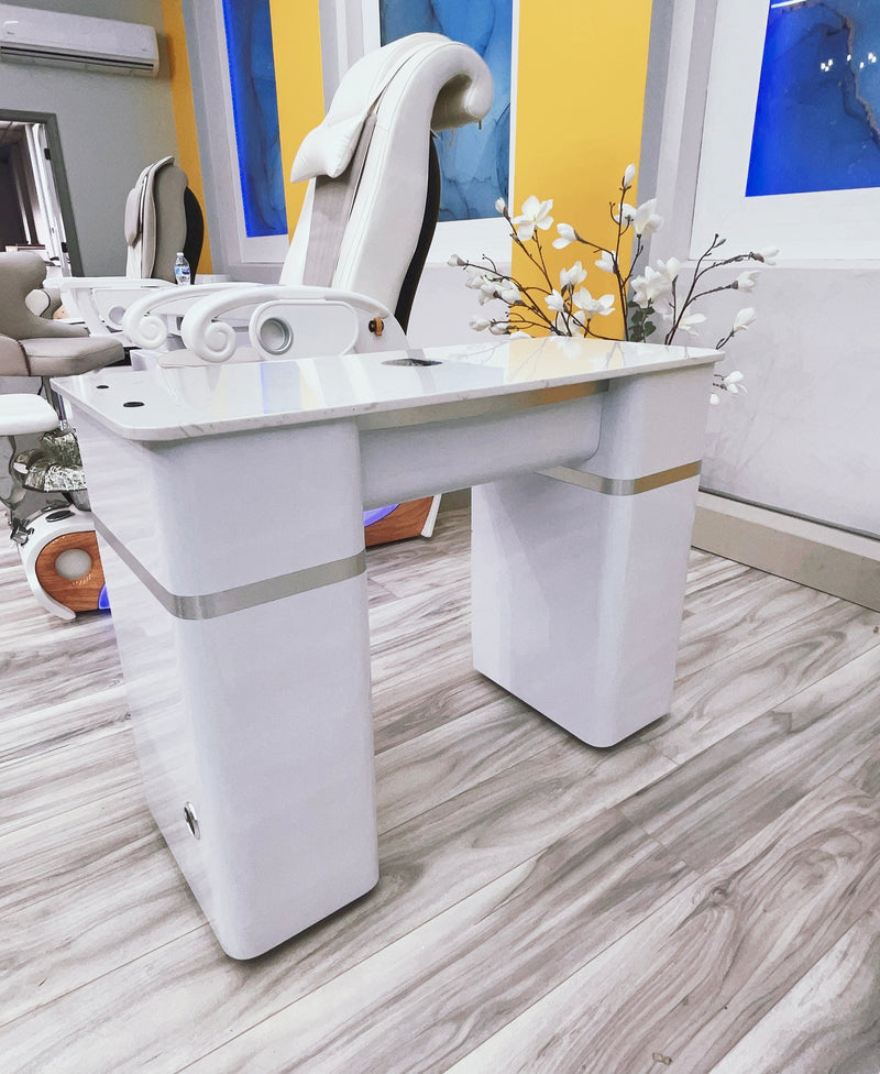 LUX20 Single White Manicure Table with Marble Top and Vacuum Bag